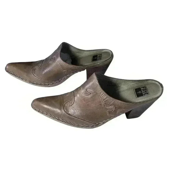 Frye Phoenix Light Tan Leather Slip On Mule Clog Stacked Heel Size 9.5M Shoe - Picture 5 of 11